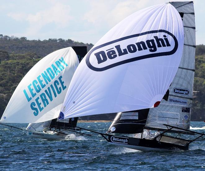 Race 4 – Today's winner De'Longhi in close action on the first spinnaker run – 18ft Skiffs Spring Championship ©  Frank Quealey / Australian 18 Footers League